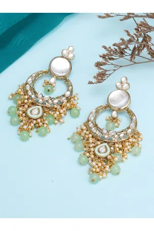 karatcart Women Lime Green & White Classic Chandbalis Earrings