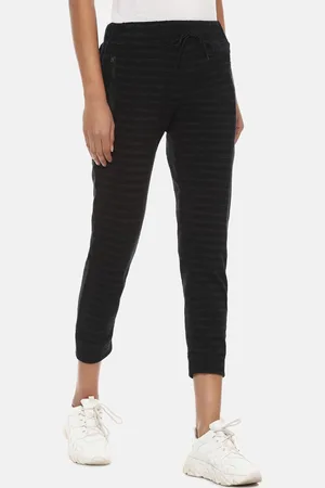 Campus Women Black & Grey Striped Cotton Three-Fourth Length Joggers