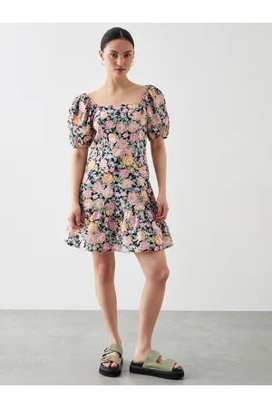 Dorothy Perkins Petite Cotton-Linen Floral Print Puff Sleeves A-Line Mini Dress