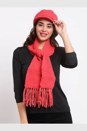 Loom Legacy Women Orange Acrylic Wool Winter Cap With Muffler