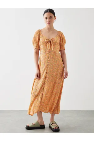 Dorothy Perkins Petite Ditsy Floral Print Tie-Up Neck Puff Sleeves A-Line Midi Dress