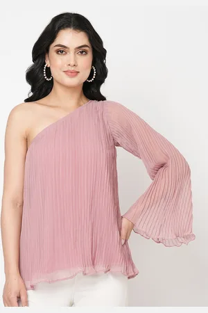 MISH Pink One Shoulder Flared Sleeves Accordion Pleated A-Line Top