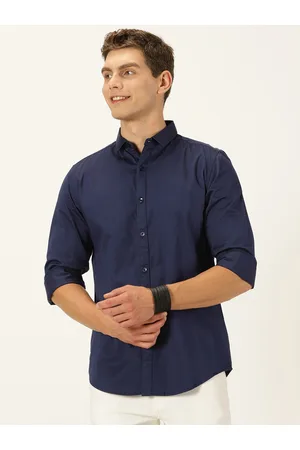Mast & Harbour Navy Blue Classic Slim Fit Pure Cotton Casual Shirt