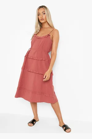 Boohoo Ruffle Detail Cotton Tiered A-Line Midi Dress