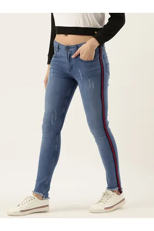 Campus Women Blue Cotton Slim Fit Mid-Rise Mildly Distressed Jeans with Side Stripe