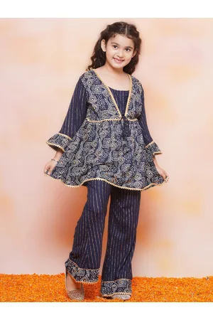 AJ DEZINES Girls Ethnic Motifs Printed A-Line Gotta Patti Pure Cotton Kurta with Sharara