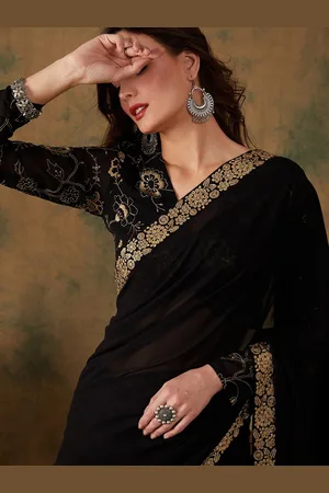 Sangria Women Solid Saree with Thread Embroidered Border and Embroidered Blouse Piece