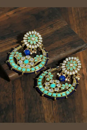 karatcart Sea Green & Blue Crescent Shaped Chandbalis