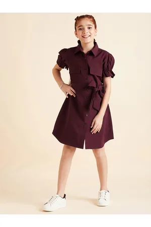 Cherry & Jerry Girls Shirt Collar Puff Sleeve Tie Up Shirt Dress