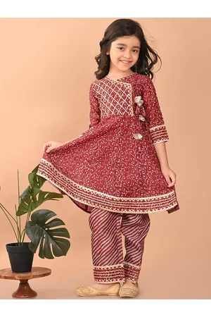 LilPicks Girls Floral Printed Angrakha Pure Cotton A-Line Kurta with Trousers
