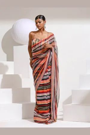 Swtantra Striped Pure Chiffon Saree