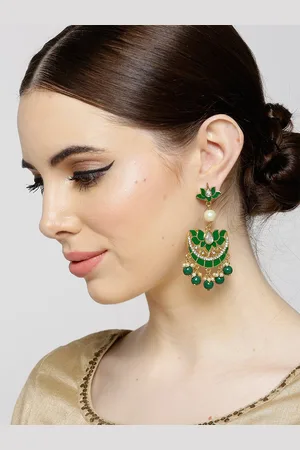 karatcart Green Gold-Plated Beaded Enamelled Floral Chandbalis