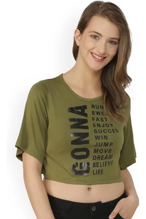 Campus Women Olive Green Printed Round Neck T-shirt