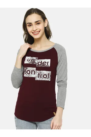 Campus Women Maroon Colourblocked Pure Cotton Top