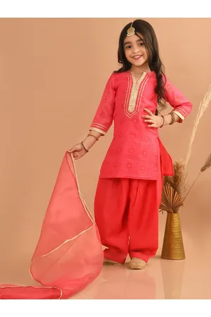 LilPicks Girls Ethnic Motifs Printed Gotta Patti Straight Kurta & Salwar With Dupatta