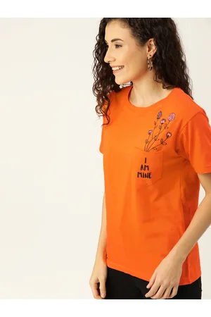 Campus Women Orange Placement Printed Round Neck Cotton T-shirt with Pocket