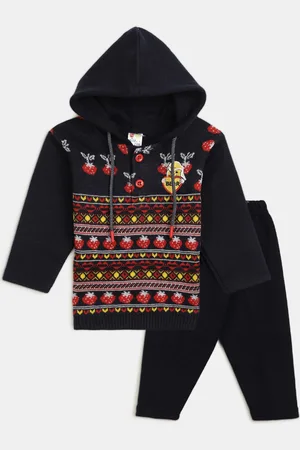 V-Mart Infants Self Design Hooded Pure Cotton Top with Trousers