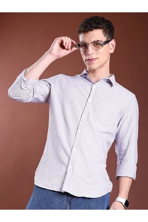 Highlander Lavender Slim Fit Vertical Striped Spread Collar Chest Pocket Casual Shirt