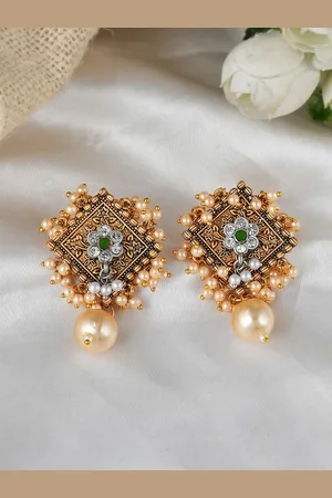 AQUASTREET Gold-Plated Diamond Shaped Beaded Antique Drop Earrings