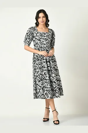 Kalini Abstract Printed Puff Sleeves Fit & Flare Midi Dress