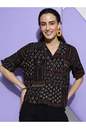 DressBerry Black Ethnic Motifs Printed Georgette Shirt Style Top