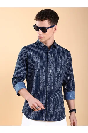 Highlander Navy Blue Slim Fit Typography Printed Spread Collar Chest Pocket Cotton Shirt