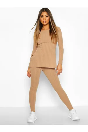 Boohoo Women Solid Ribbed Longline Top & Leggings
