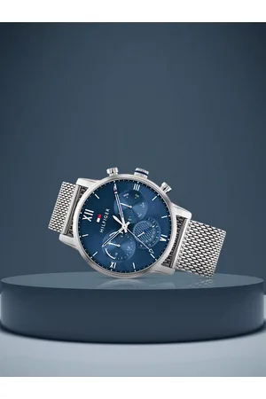 Tommy Hilfiger Men Blue Printed Dial & Silver Toned Stainless Steel Bracelet Style Straps Analogue Multi Watch