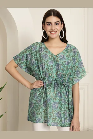 Kalini Floral Printed V-Neck Kimono Sleeve Waist Tie-Ups Pure Silk Kaftan Top