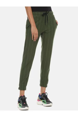 Campus Women Olive Green & White Striped Cotton Active Joggers
