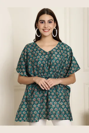 Kalini Floral Printed V-Neck Kimono Sleeve Waist Tie-Ups Pure Silk Kaftan Top