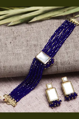 karatcart Blue-Toned & Gold-Plated Kundan Studded Handcrafted Jewellery Set