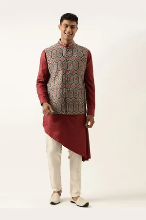 TheEthnic.Co Ethnic Motifs Printed Pleated Kurta with Trousers & Nehru Jacket