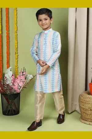 TABARD Boys Geometric Printed Mandarin Collar Long Sleeves Pure Cotton Kurta with Pyjamas