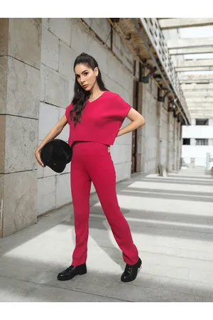 Roadster Women Pink Ribbed Acrylic Co-Ord Set