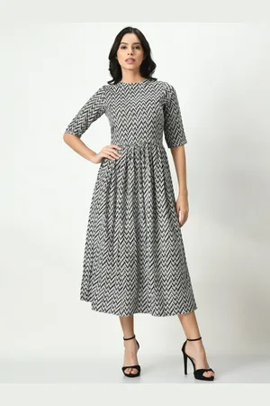Kalini Geometric Printed High Neck Gathered Fit & Flare Midi Dress