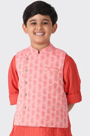 Fabindia Kids Boys Pink Printed Pure-Cotton Woven Nehru Jackets