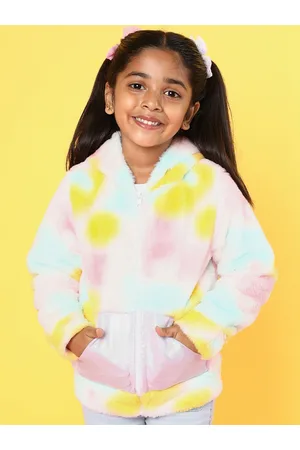 Nauti Nati Girls Abstract Printed Hooded Neck Long Sleeve Faux Fur Trim Bomber Jacket