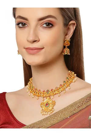 karatcart Gold-Plated Pink & Green Stone-Studded Jewellery Set