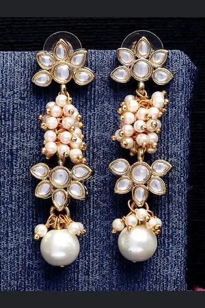 karatcart Gold-Toned & White Floral Drop Earrings