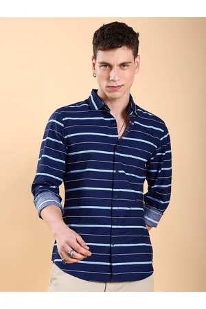 Highlander Navy Blue Slim Fit Horizontal Striped Spread Collar Chest Pocket Cotton Shirt