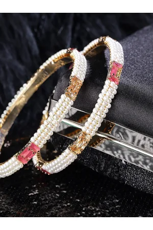 Priyaasi Set of 2 Off-White & Pink Gold-Plated Beaded Handcrafted Bangles