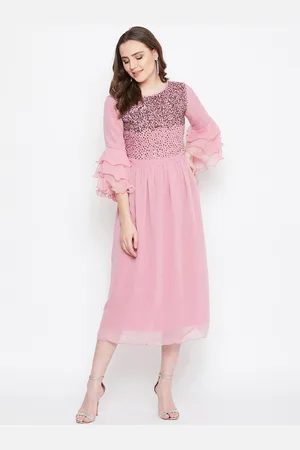 Bitterlime Women Peach-Coloured Embellished Hand Sequined Georgette A-Line Midi Dress
