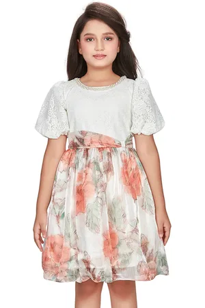 Peppermint Girls Floral Printed Puff Sleeves Satin Fit & Flare Dress