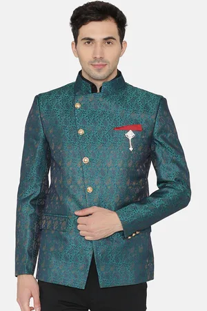 Wintage Green Banarasi Self-Design Tailored Fit Bandhgala Blazer