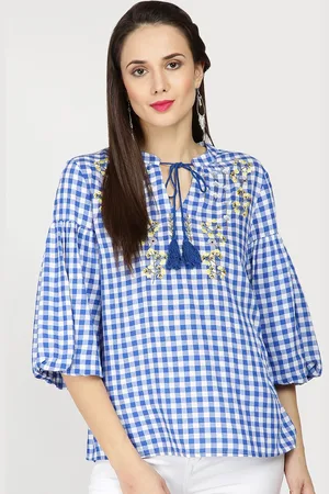 Gipsy Women Blue Checked A-Line Top
