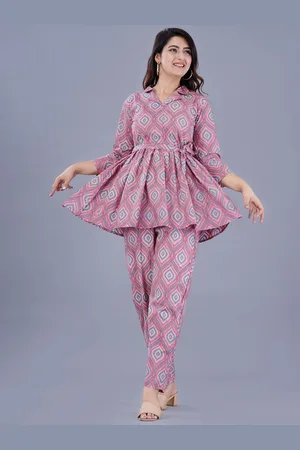 AO Services Ethnic Motifs Printed Pure Cotton A-Line Kurti & Trousers With Belt