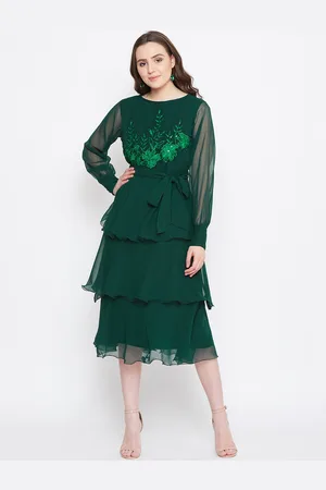 Bitterlime Women Green Embroidered Fit and Flare Dress