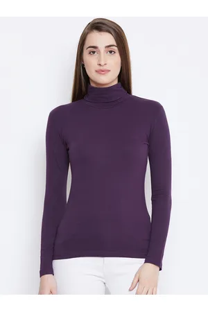 Fitkin Women Plum & Black Colourblocked High Neck T-shirt