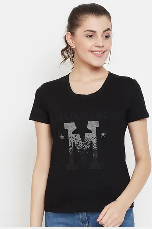 Camey Women Black & White Printed Round Neck T-shirt